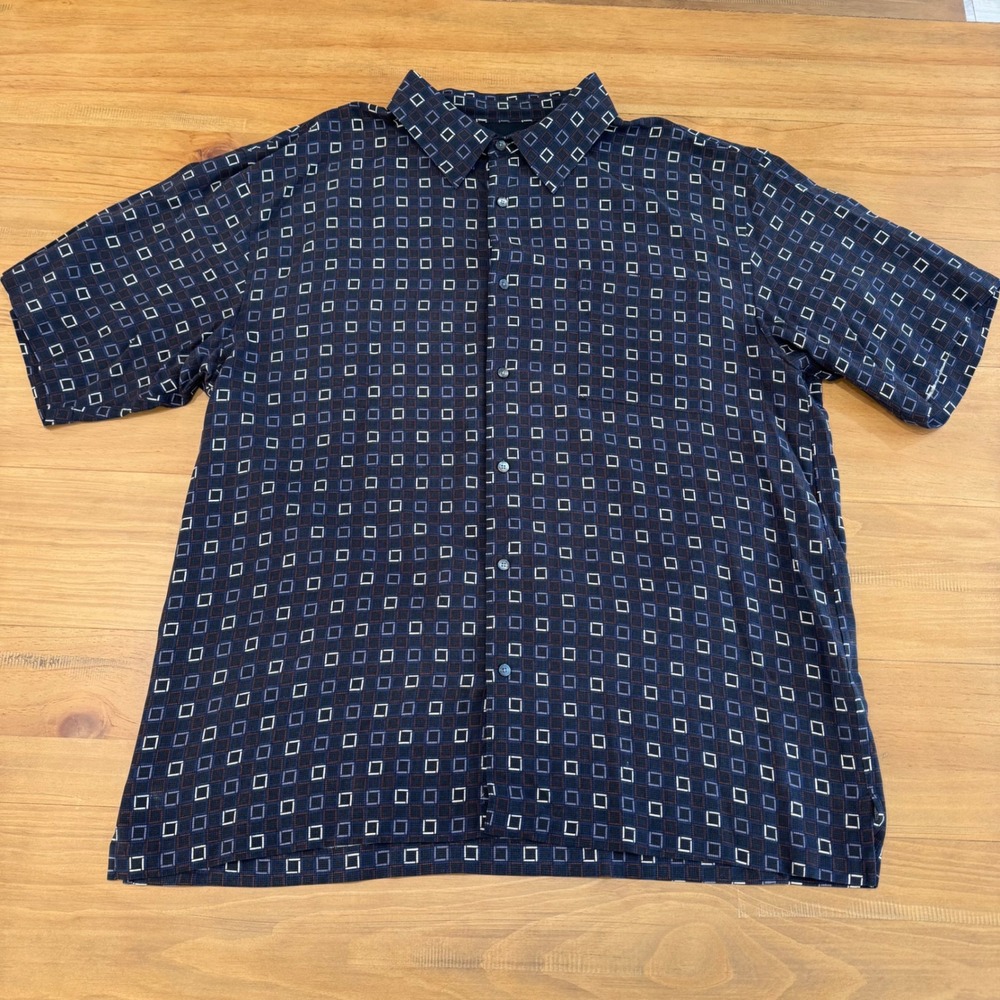 Neiman Marcus Mens XXL Silk Short Sleeve Button Down Shirt Navy Geometric Square